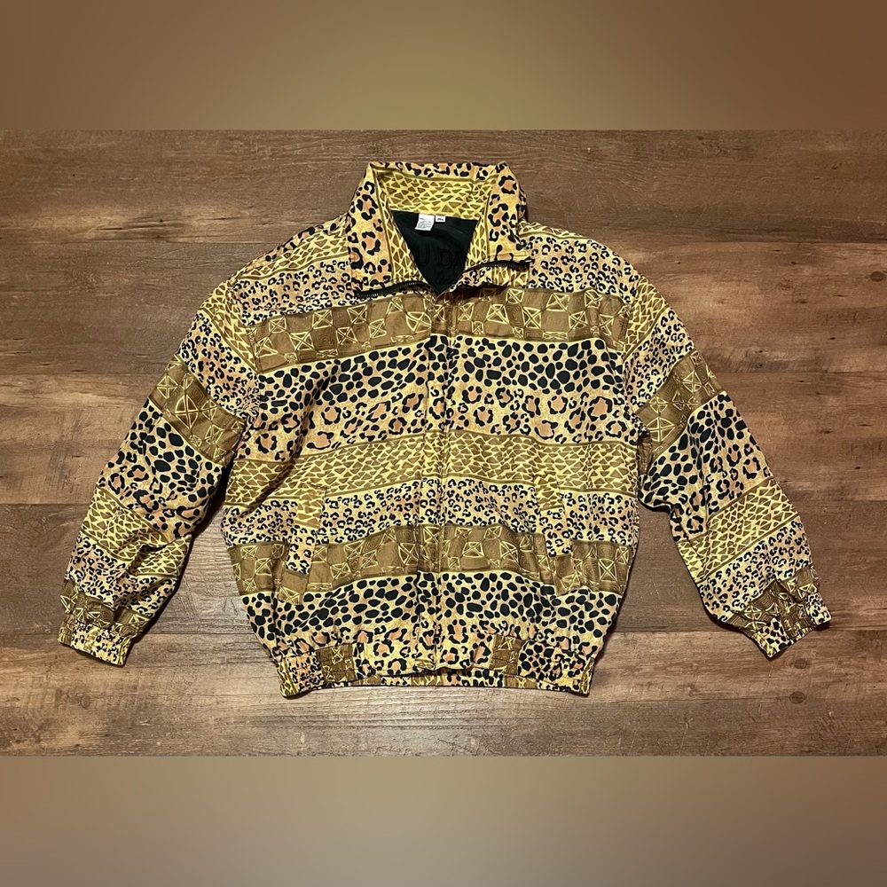 FU DA International vintage leopard cheetah Silk zip Jacket womens petite med